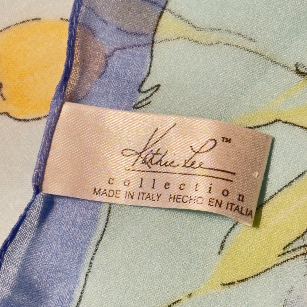 Kathie Lee Collection Blue Yellow Tulip Floral Square Scarf Italy Y2K 90s Vintag - Picture 3 of 5